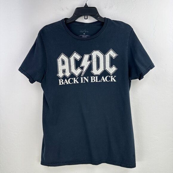 ACDC Mens Tshirt Medium Black White Cotton Back In Black‎ Rock Band Graphic T - Picture 1 of 6